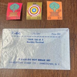 Vintage 1969 Ceylon Buddhist Festival Stamp Set of 3 Original Packaging